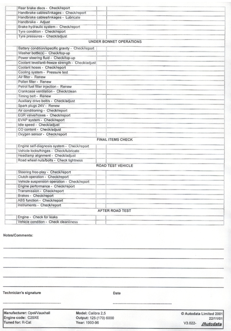 service sheet